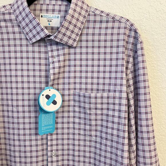 &Collar Button Up Mens Large Range Shirt Slim Plaid Purple White Long Sleeve NEW - Picture 4 of 12